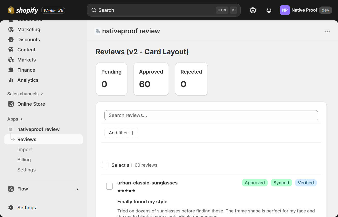 NativeProof reviews dashboard showing card-based review list with status badges, star ratings, search, and filtering options