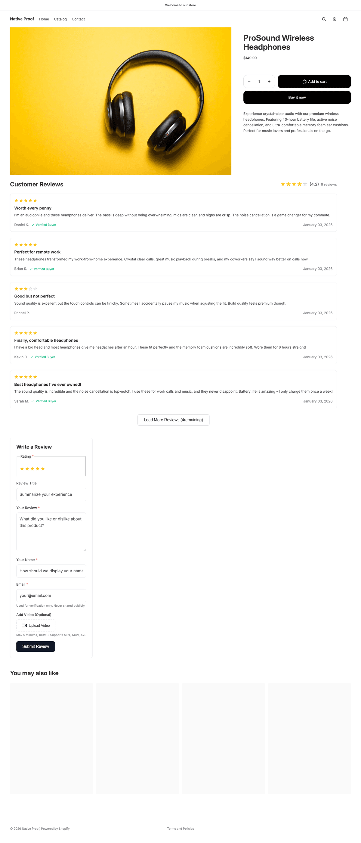 Product page with NativeProof reviews widget showing customer reviews with star ratings and verified buyer badges